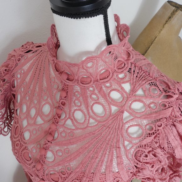 L'ATISTE Dusty Rose Pink Lace Eyelet Ruffle MockNeck Victorian French Boho Dress - Picture 16 of 16